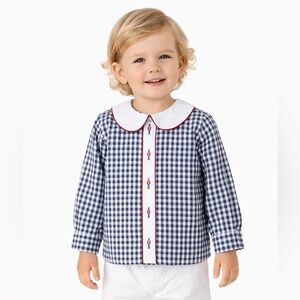 NWT Edgehill Collection Long Sleeve Embroidered Bottom Front Plaid Shirt Top 3T